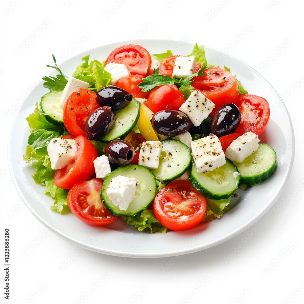 A colorful plate of Greek salad with tomatoes, cucumbers, and feta cheese A colorful plate of Greek salad with tomatoes, cucumbers, and feta cheese