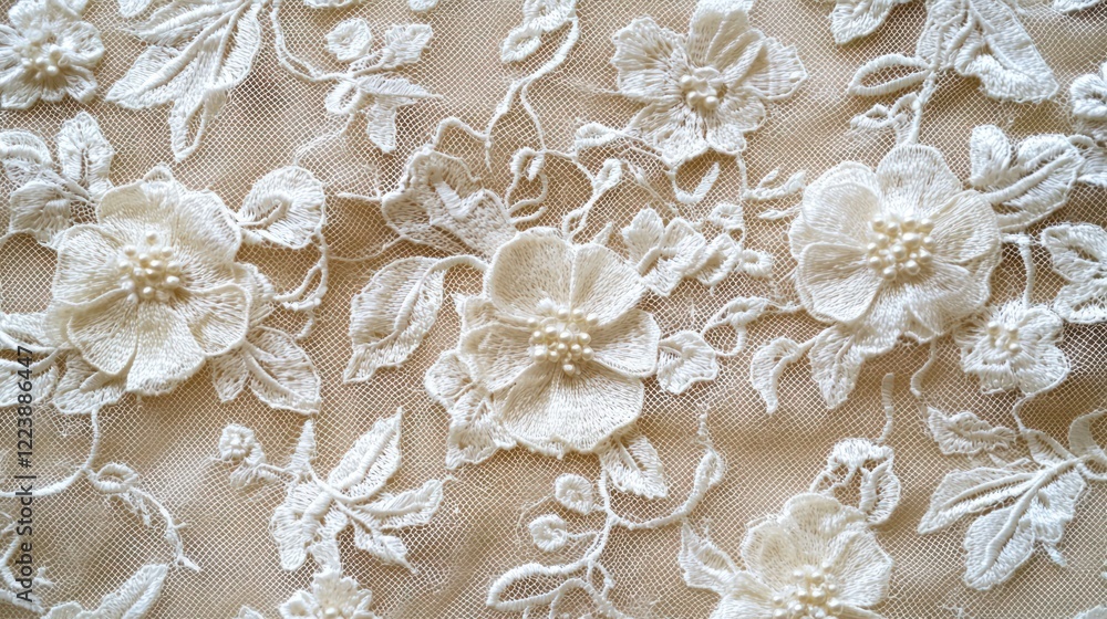 A close-up of intricate lace details on a gorgeous wedding gown