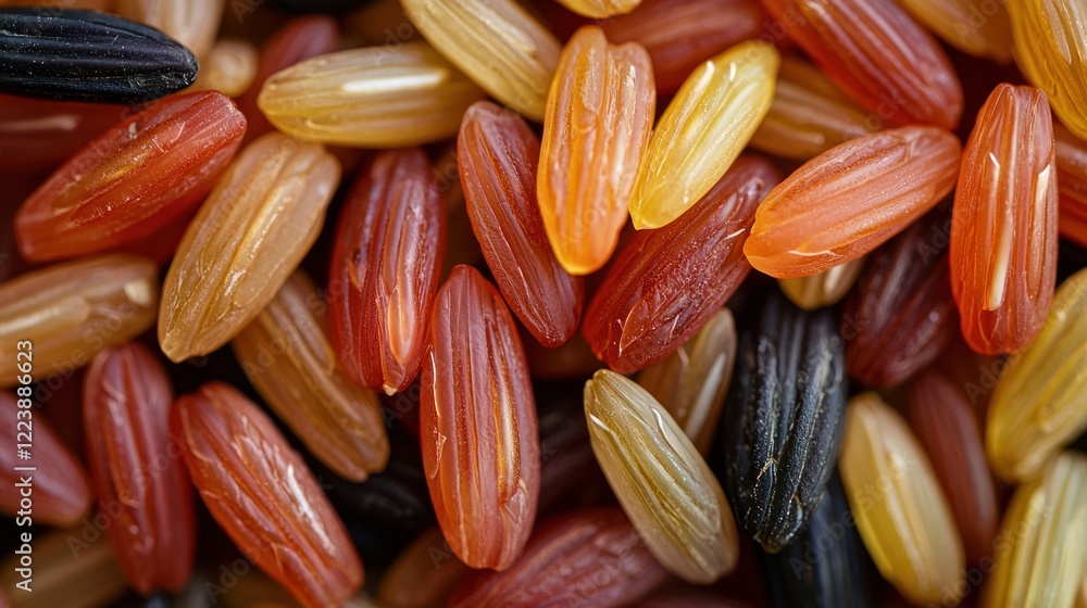 A close-up of rice grains with visible texture and natural variation in shape