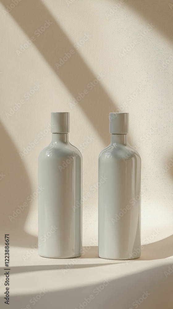 Elegant white bottles casting soft shadows on a minimalist background Elegant white bottles casting soft shadows on a minimalist background