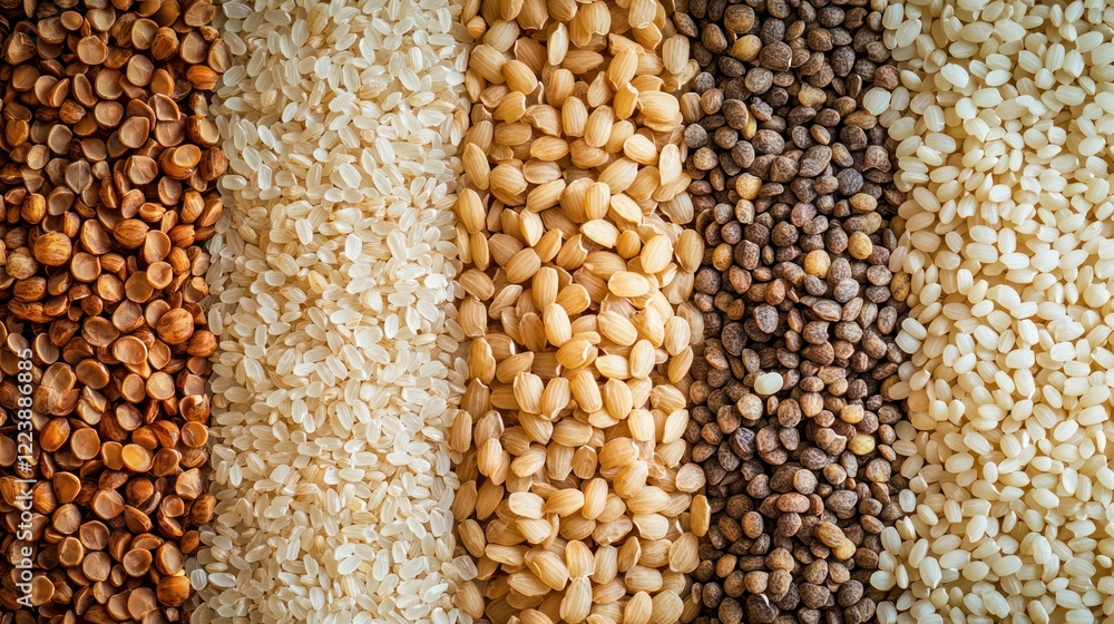 A close-up of rice grains with visible texture and natural variation in shape