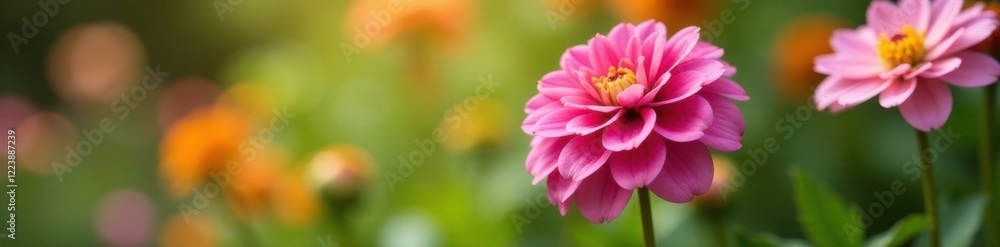 Fototapeta premium Soft focus garden scene featuring Little Robert Dahlias, dahlia, flowers