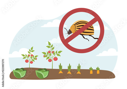Illustration of a vegetable garden with tomatoes, cabbages, and carrots, showing a striped beetle crossed out in red, symbolizing pest control. Vector illustration