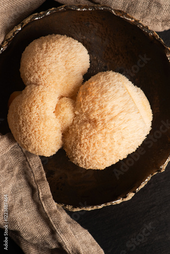 Hericium erinaceus mushroom monkey head mushroom, bearded tooth fungus, bearded hedgehog mushroom, pom pom, lion`s mane mushroom. Far Eastern medicine use this mushroom