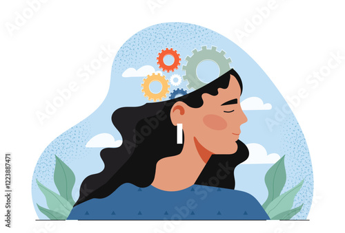 Illustration of a woman with gears inside her head, symbolizing creativity and thinking, with a blue background, plants, and clouds. Concept of imagination. Vector illustration