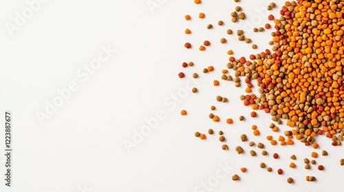 A fresh pile of dry dog food in the center of a white background, with individual kibble pieces clearly visible photo