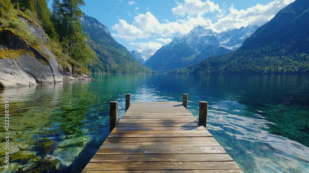 Mountain lake pier summer scenic view postcard Mountain lake pier summer scenic view postcard