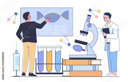 Two scientists in a laboratory setting with DNA diagrams, microscope, and test tubes on a white background. Concept of genetics and research. Flat line art vector illustration