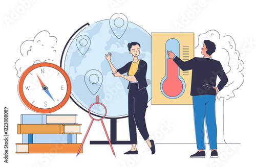 People exploring geography with a globe, compass, and thermometer on a white background. Creative style, educational learning concept. Flat cartoon vector illustration