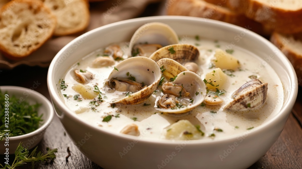 A comforting and creamy clam chowder with tender clams, potatoes, and a sprinkle of fresh herbs A comforting and creamy clam chowder with tender clams, potatoes, and a sprinkle of fresh herbs