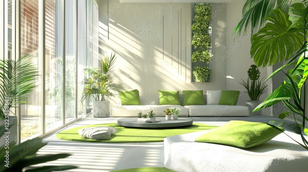 A contemporary living room with green decor, including throw pillows and indoor plants