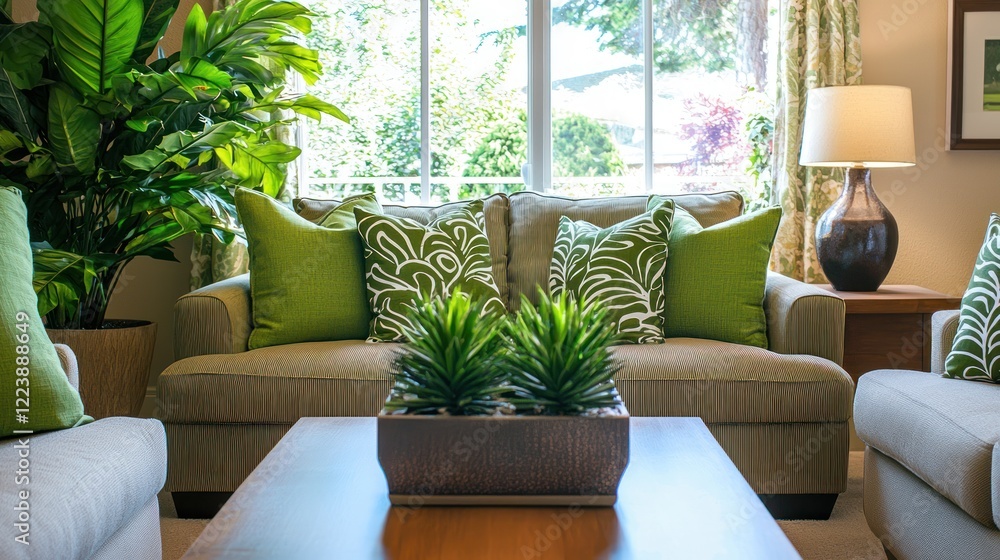 A contemporary living room with green decor, including throw pillows and indoor plants