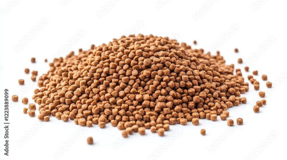 A heap of crunchy dog food pellets, evenly spaced on a white background, perfect for pet product displays A heap of crunchy dog food pellets, evenly spaced on a white background, perfect for pet product displays