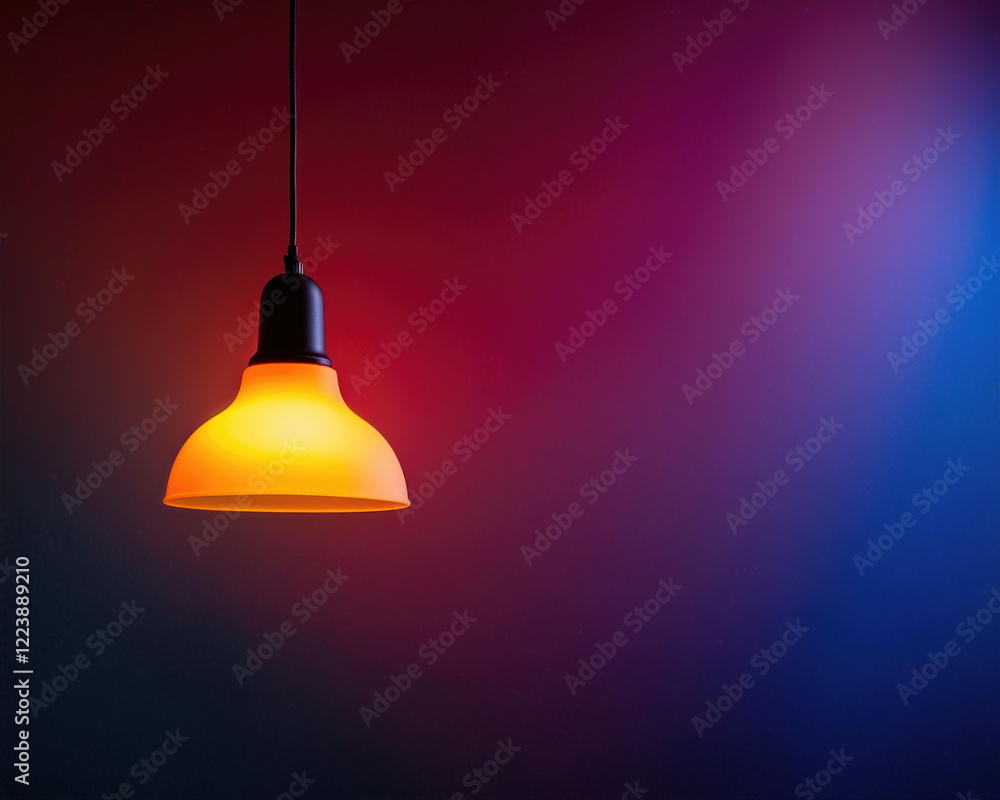 Fototapeta premium Atmospheric Photograph of a Vibrant Orange Hanging Lamp with Colorful Gradient Background for Modern Design Inspiration