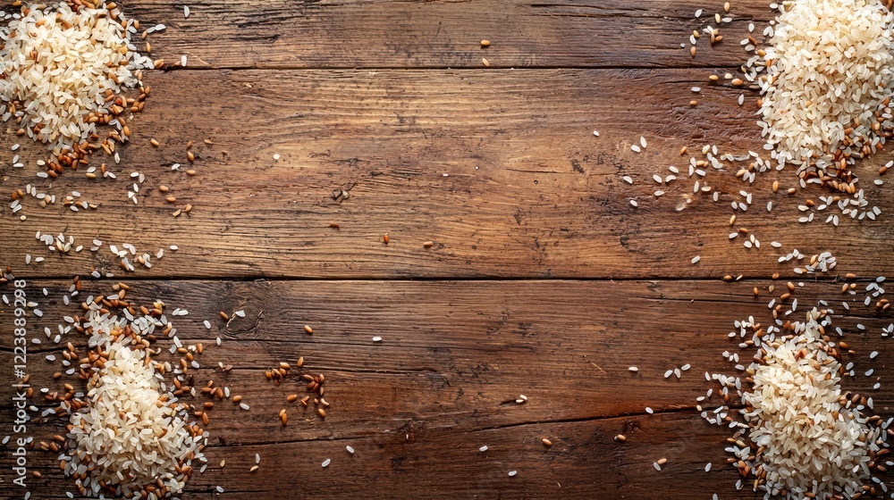 A detailed texture of individual rice grains scattered across a wooden table
