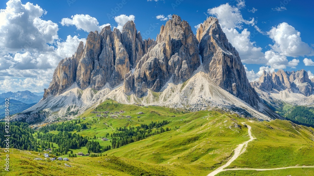 A dramatic mountain landscape with jagged peaks and rugged terrain