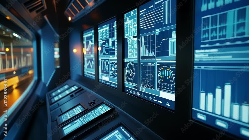 Multiple computer screens displaying charts and graphs enable real time ...