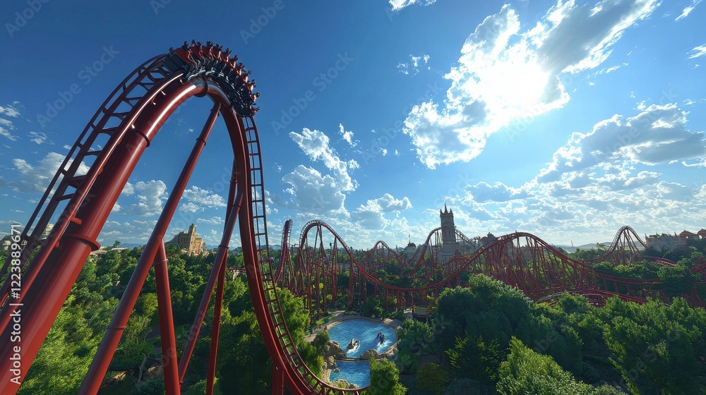 Red rollercoaster looping high, sunny sky. Perfect for amusement park, travel, and thrill. Red rollercoaster looping high, sunny sky. Perfect for amusement park, travel, and thrill.