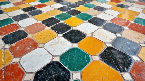 Obraz na płótnie A floor covered in intricate geometric colored tiles with clean, sharp lines and vibrant hues w salonie