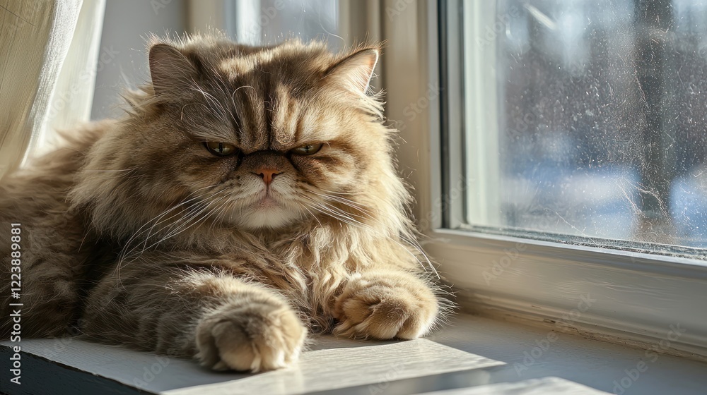 A fluffy cat with a displeased look, lounging on a sunny windowsill