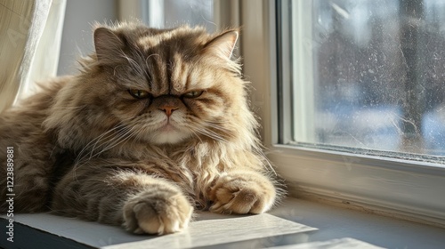 Obraz na płótnie A fluffy cat with a displeased look, lounging on a sunny windowsill w salonie