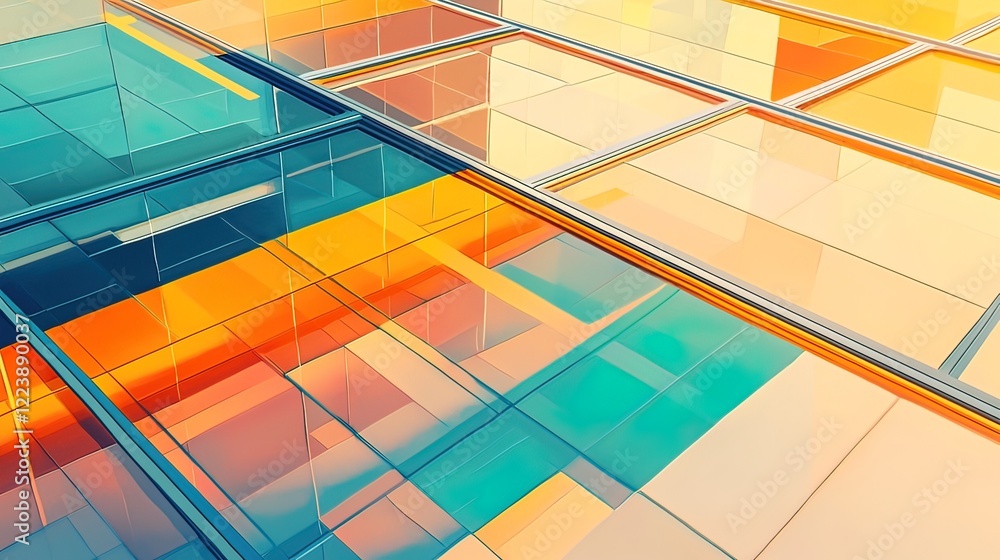 Fototapeta premium Abstract colorful glass architecture with geometric patterns and reflections.