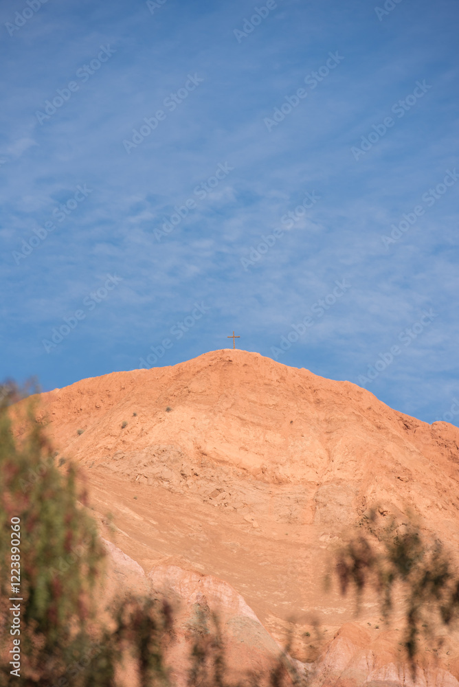 Fototapeta premium Rocky desert formations colorful red mountain with a blue sky 