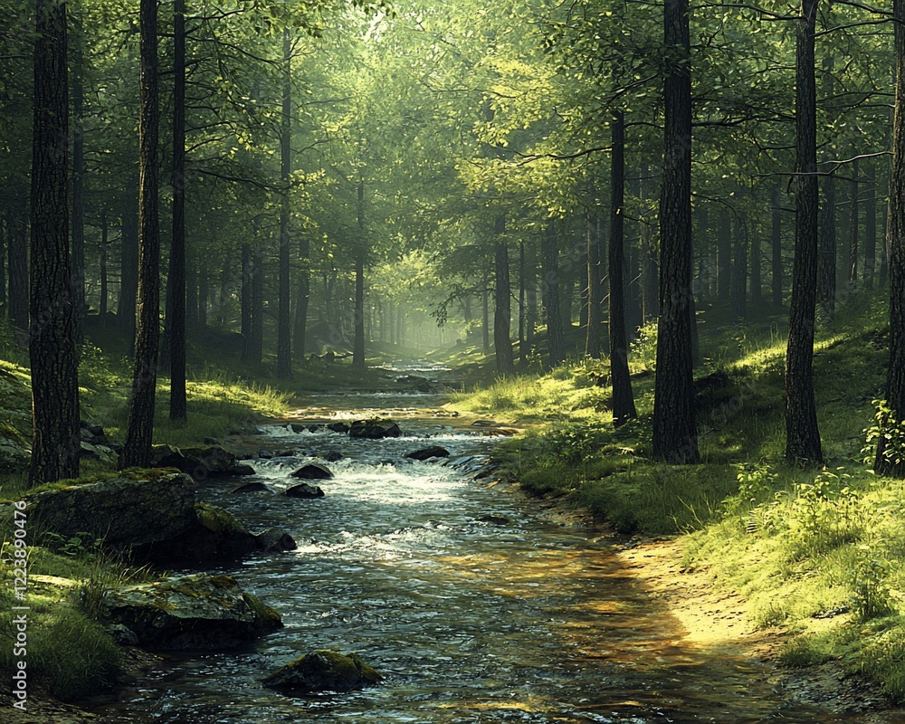 Obraz premium Sunlit stream flowing through a misty forest.