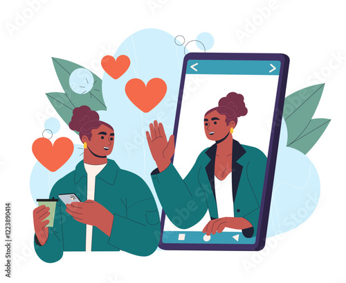 Woman holding a smartphone and coffee cup, interacting with her own image on a giant phone screen. Hearts and leaves in the background. Concept of digital connection. Vector illustration