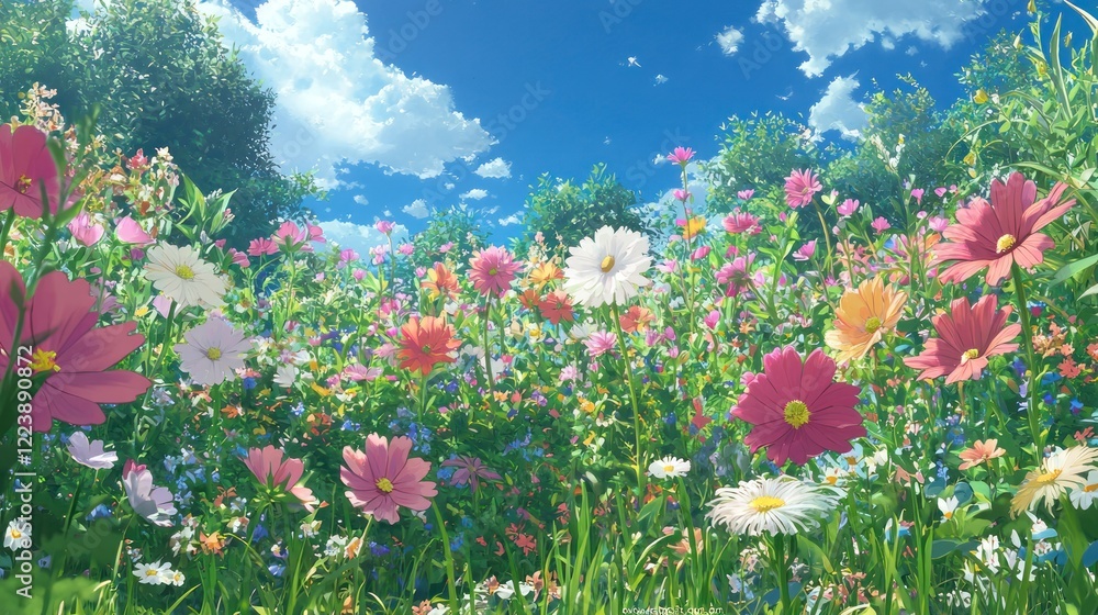 A garden filled with striking, colorful flowers swaying in the breeze