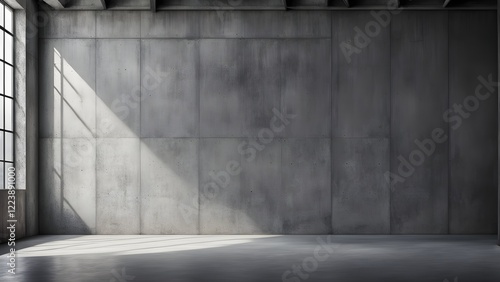 Sunlit industrial interior with a large concrete wall and polished floor, ideal for product placement or design mockups.