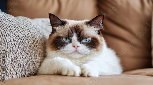 Obraz na płótnie A grumpy cat with a furrowed brow sitting on a cozy couch w salonie