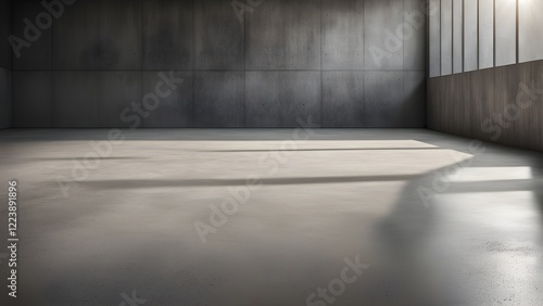 Sunlit minimalist concrete room with large windows and textured walls, ideal for product placement or background use.