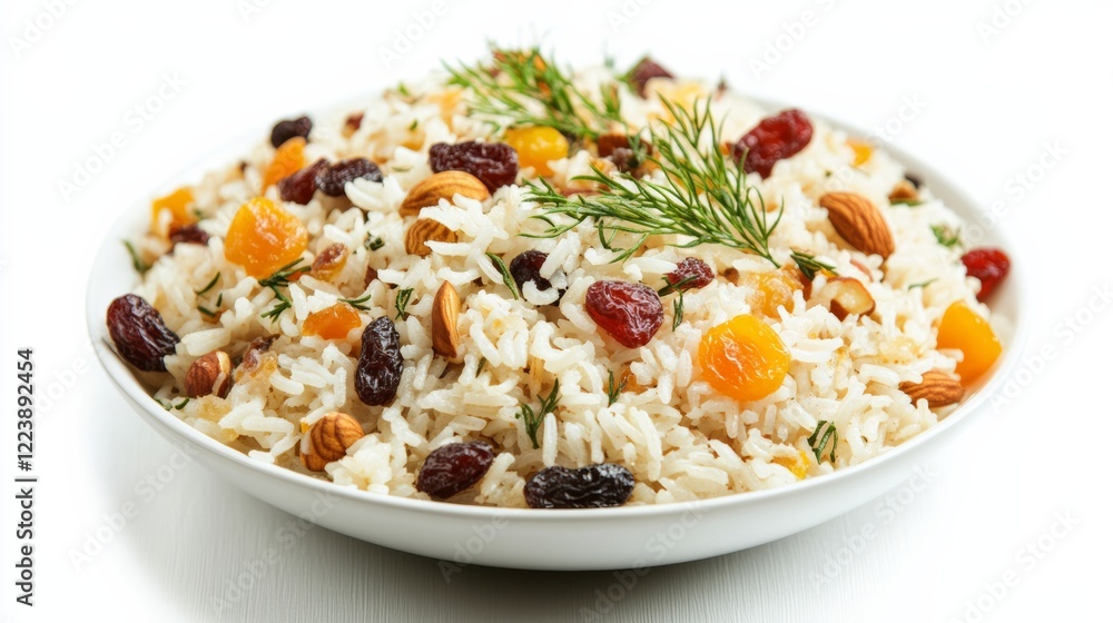 Fragrant rice pilaf with dried fruits and nuts, isolated on white, Fragrant rice pilaf with dried fruits and nuts, isolated on white,