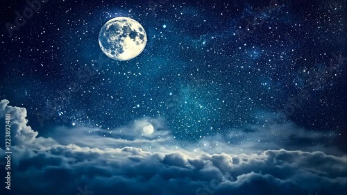 Night sky with glowing moon and twinkling stars over a serene landscape.