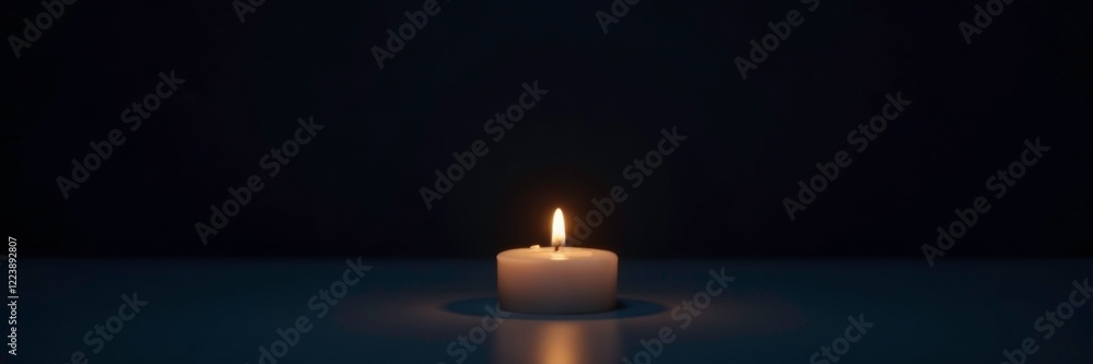 Soft glow of a single white candle in the darkness, solitary, quiet Soft glow of a single white candle in the darkness, solitary, quiet