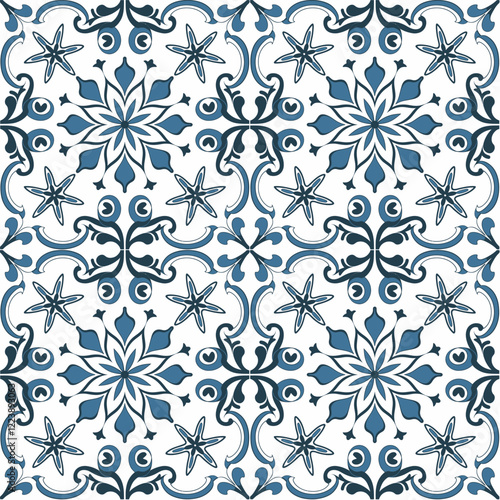 Classic Blue and White Ornamental Tile Pattern with Delicate Floral Details