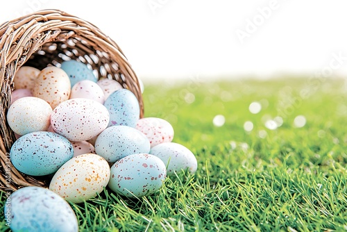 Easter day celebration watercolor style eggs in basket on grass nature spring vibes photo