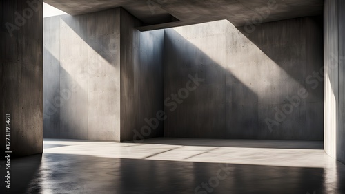 Abstract sunlit concrete room interior with minimalist architecture.