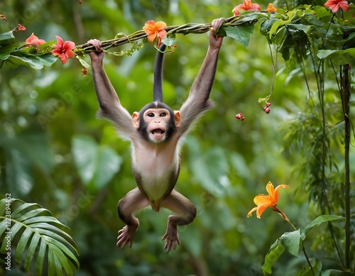 Funny Monkey Swinging On The Trees