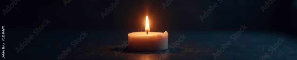 Soft light on a single white candle illuminates the dark space, peaceful, solitary, flame Soft light on a single white candle illuminates the dark space, peaceful, solitary, flame