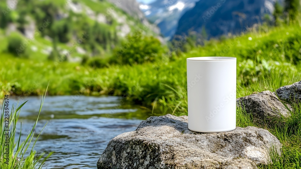 White Cylinder on Rock by Stream Surrounded by Lush Green Nature White Cylinder on Rock by Stream Surrounded by Lush Green Nature