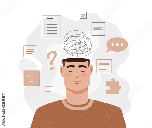 Illustration of person with scribbled thought cloud above their head, surrounded by documents, puzzle pieces, and question marks on white background. Concept of mental overload. Vector illustration