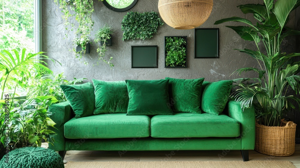 A modern living room featuring green accents, plants, and cozy seating