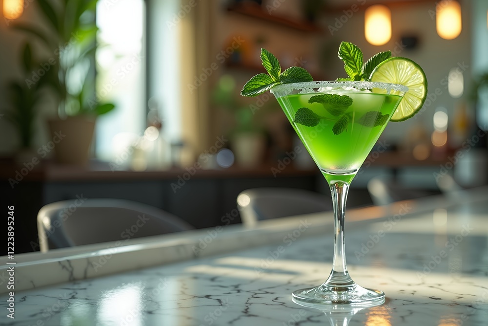 Green cocktail with mint and lime on a marble bar counter Green cocktail with mint and lime on a marble bar counter