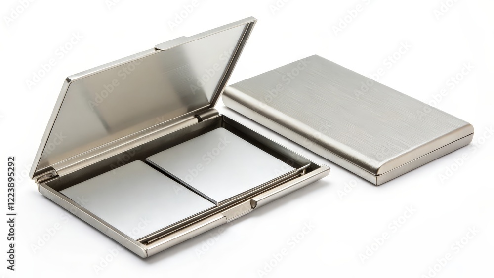 Metal Business Card Case, Two-Compartment Design, Open and Closed Views Metal Business Card Case, Two-Compartment Design, Open and Closed Views