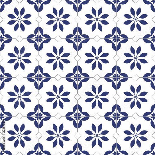 Traditional Blue and White Tile Pattern with Floral Arrangements