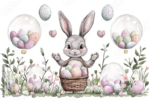 Easter day celebration with watercolor style bunny and eggs spring garden playful scene photo