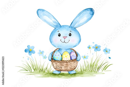 Easter day celebration watercolor style bunny with eggs spring garden whimsical art photo