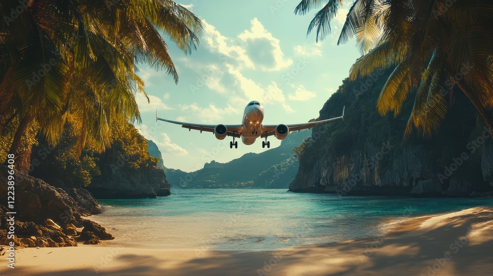 Fototapeta premium Airplane landing on tropical beach.